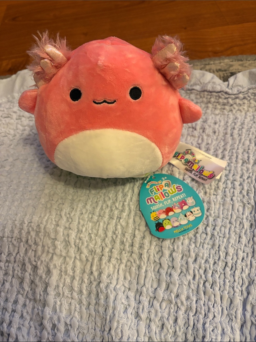 Kellytoy FlipaMallows Coral Pink Axolotl Plush with Lime Green Dinosaur